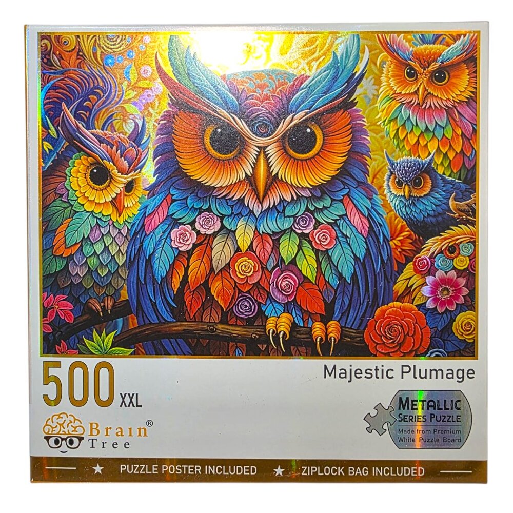 Owls Metallic Puzzle 500 Pieces 27.5" x 19.5" Majestic Plumage Premium Board - Picture 2 of 7